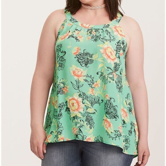 Torrid Floral Georgette High Neck Tank Blouse Green Floral 1X - Picture 1 of 3